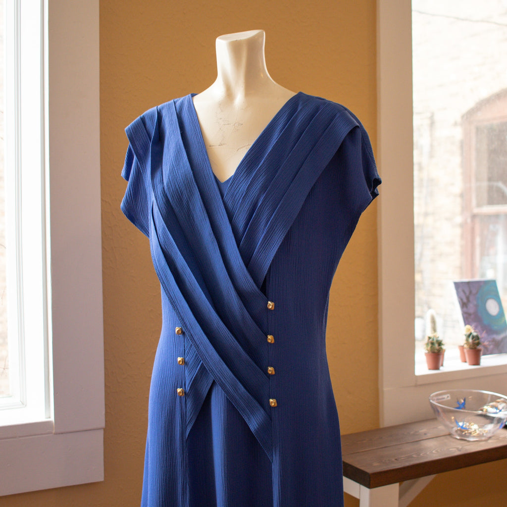 Vintage Blue Pleated Flutter Sleeve Tea Length Dress