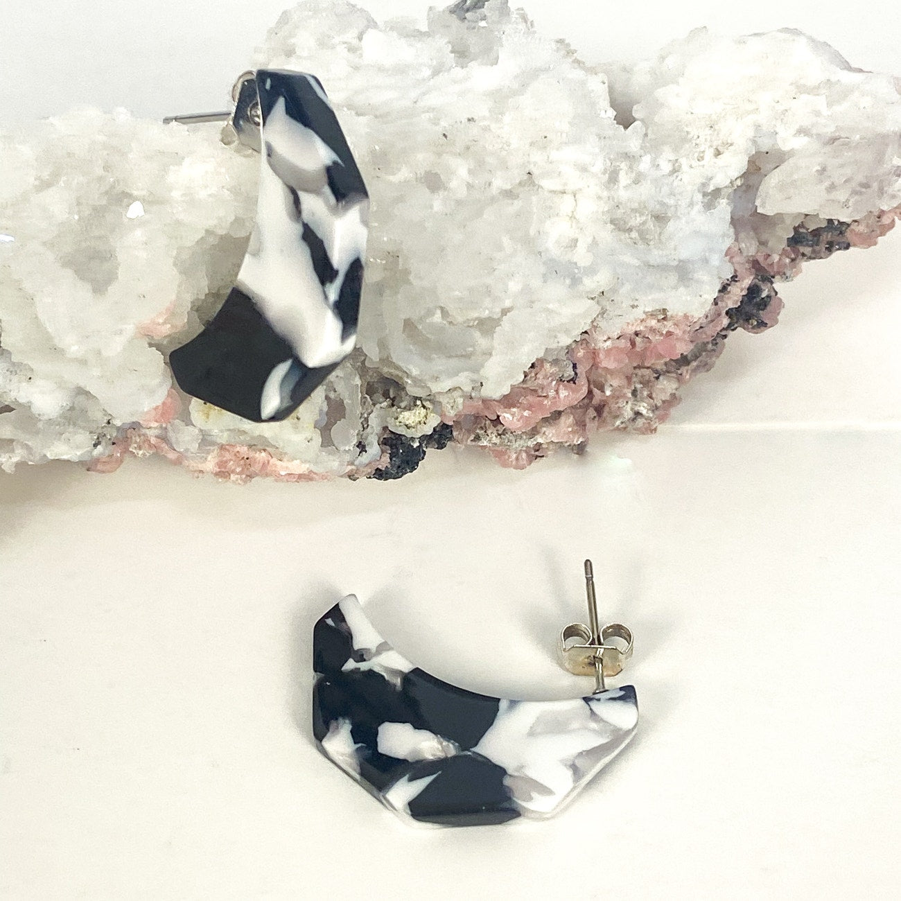 Vintage Acetate 80s Earrings Push Back Black and White Cow Print