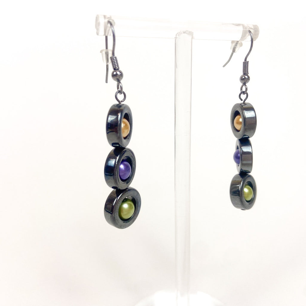 Hematite Colorful Bead Earrings Gunmetal Gray