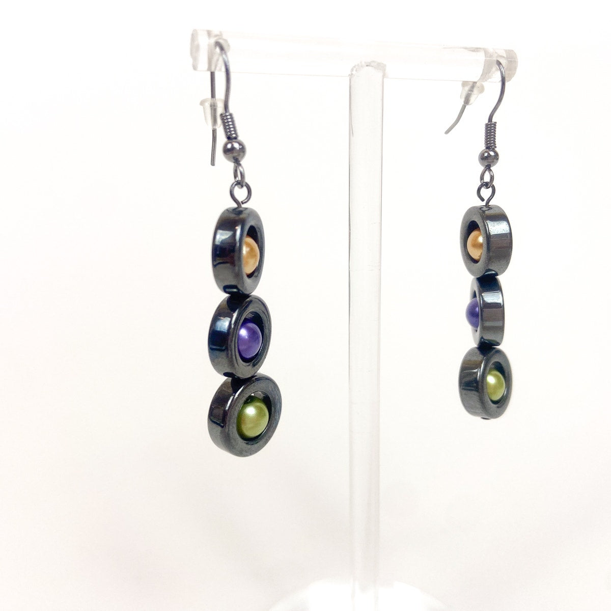 Hematite Colorful Bead Earrings Gunmetal Gray