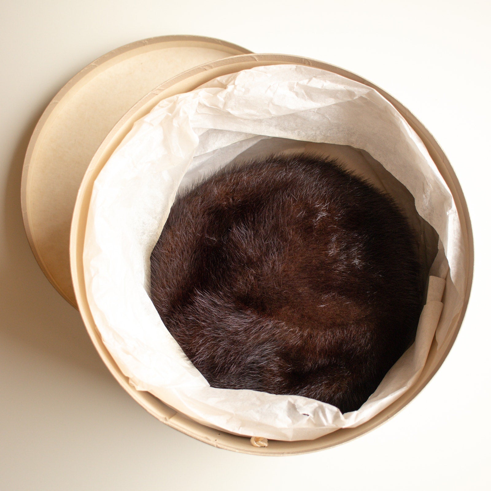 Vintage Dark Brown Fur Pillbox Hat | Mr. Mark New York hat in Marshall Fields Box