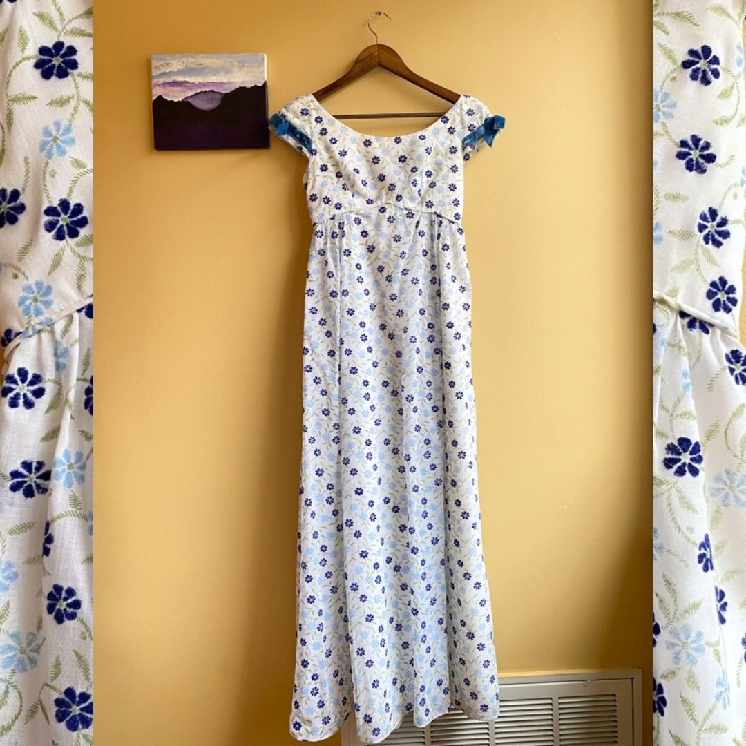 1970s Blue Floral Empire Waist Emma Domb California Vintage Bridesmaids Dress  Size 7