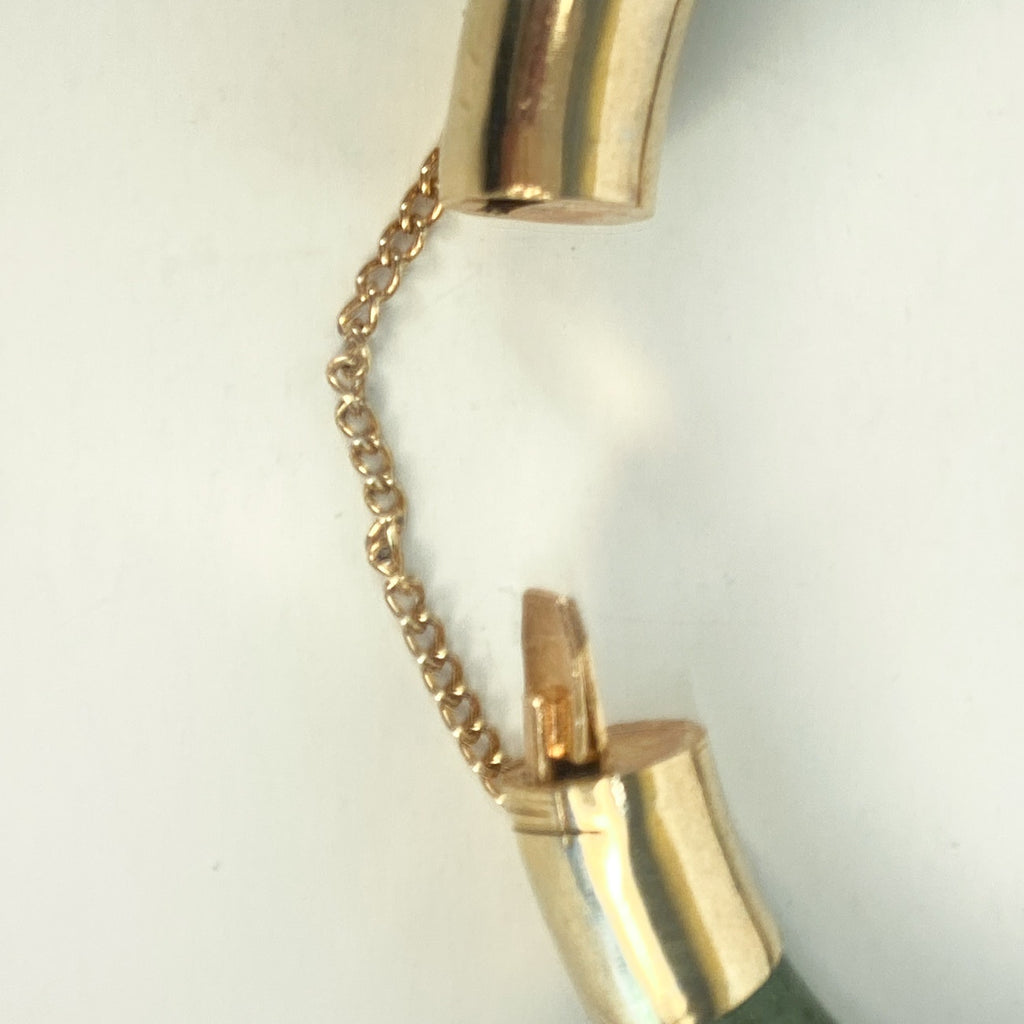 Vintage Chinese Spinach Jade Bangle Bracelet With Gold-Plated Clasp