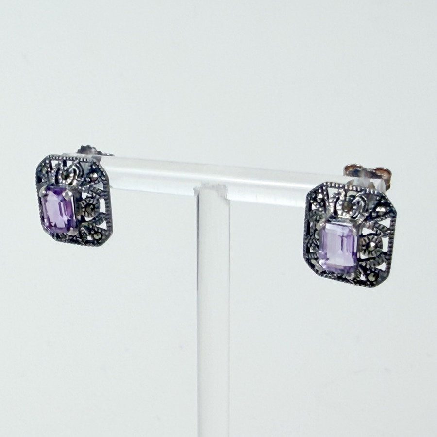 Stud Earrings Sterling Silver Hexagon Amethyst