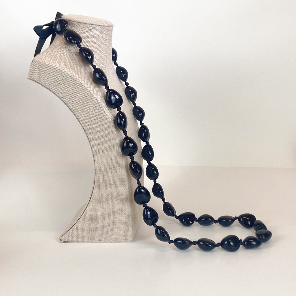 Hand Knotted Black Ribbon Tie Beaded Necklace