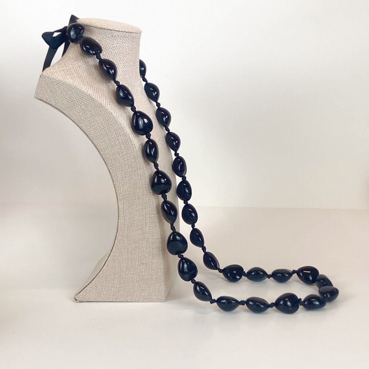 Hand Knotted Black Ribbon Tie Beaded Necklace