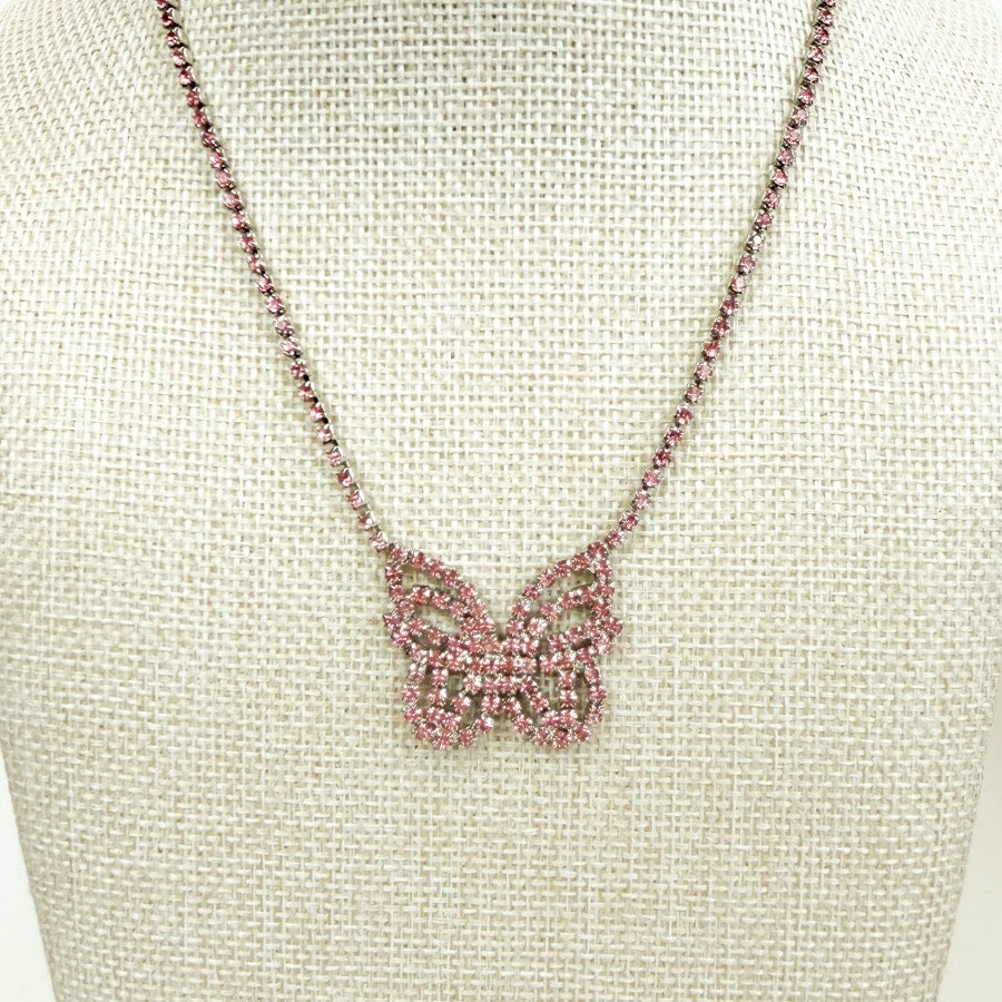 Pink Rhinestone Butterfly Necklace