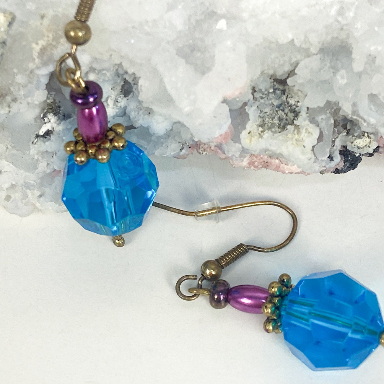 Blue Purple and Gold Bead Dangly Earrings