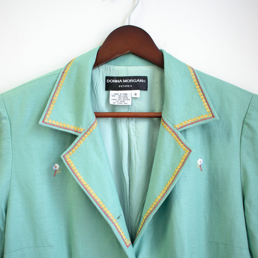 Vintage Donna Morgan Sea Green Knee Length Button Sheath Dress Size Petite 8