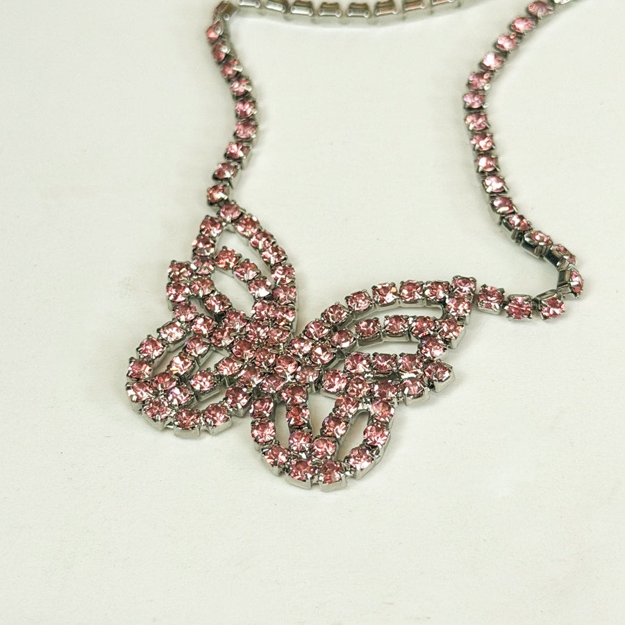Pink Rhinestone Butterfly Necklace