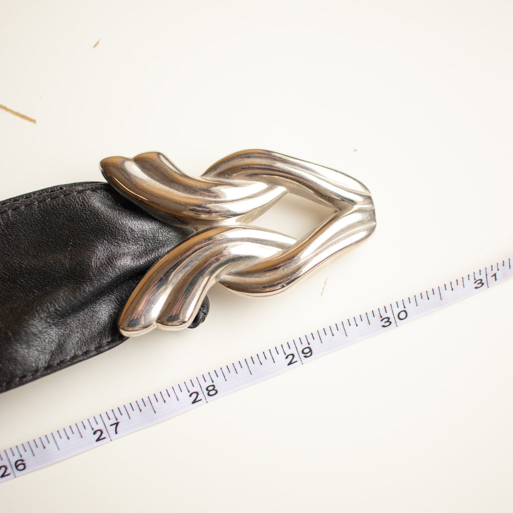 80s Vintage Black Genuine Leather Waist Belt