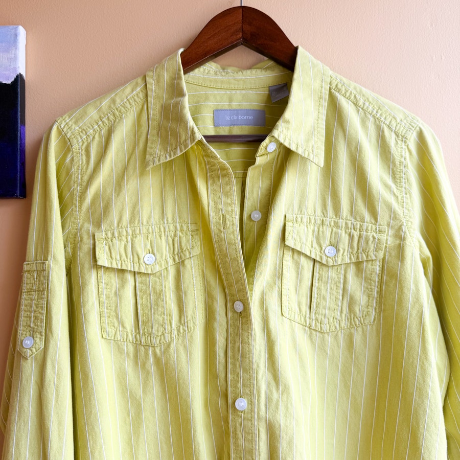 Liz Claiborne Striped Green Button-Up Chartreuse Button Down