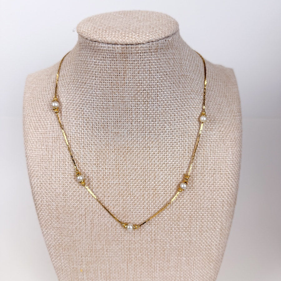 Delicate Station Necklace Pearlescent Beads Gold-Tone
