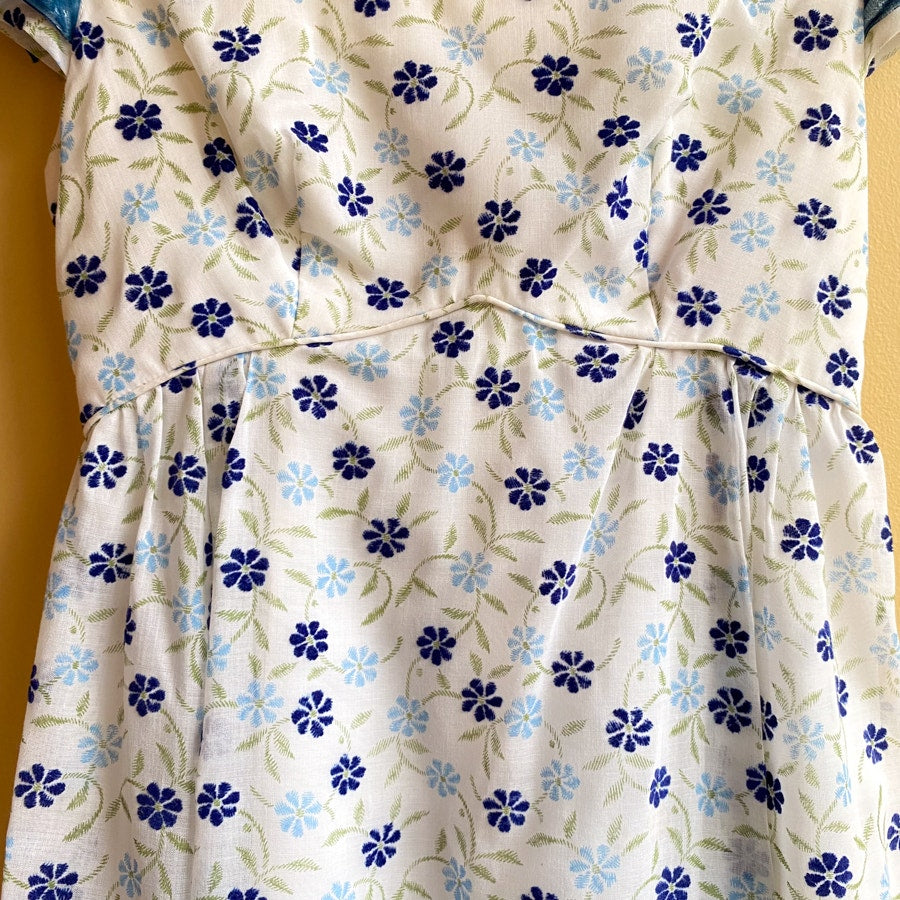 1970s Blue Floral Empire Waist Emma Domb California Vintage Bridesmaids Dress  Size 7