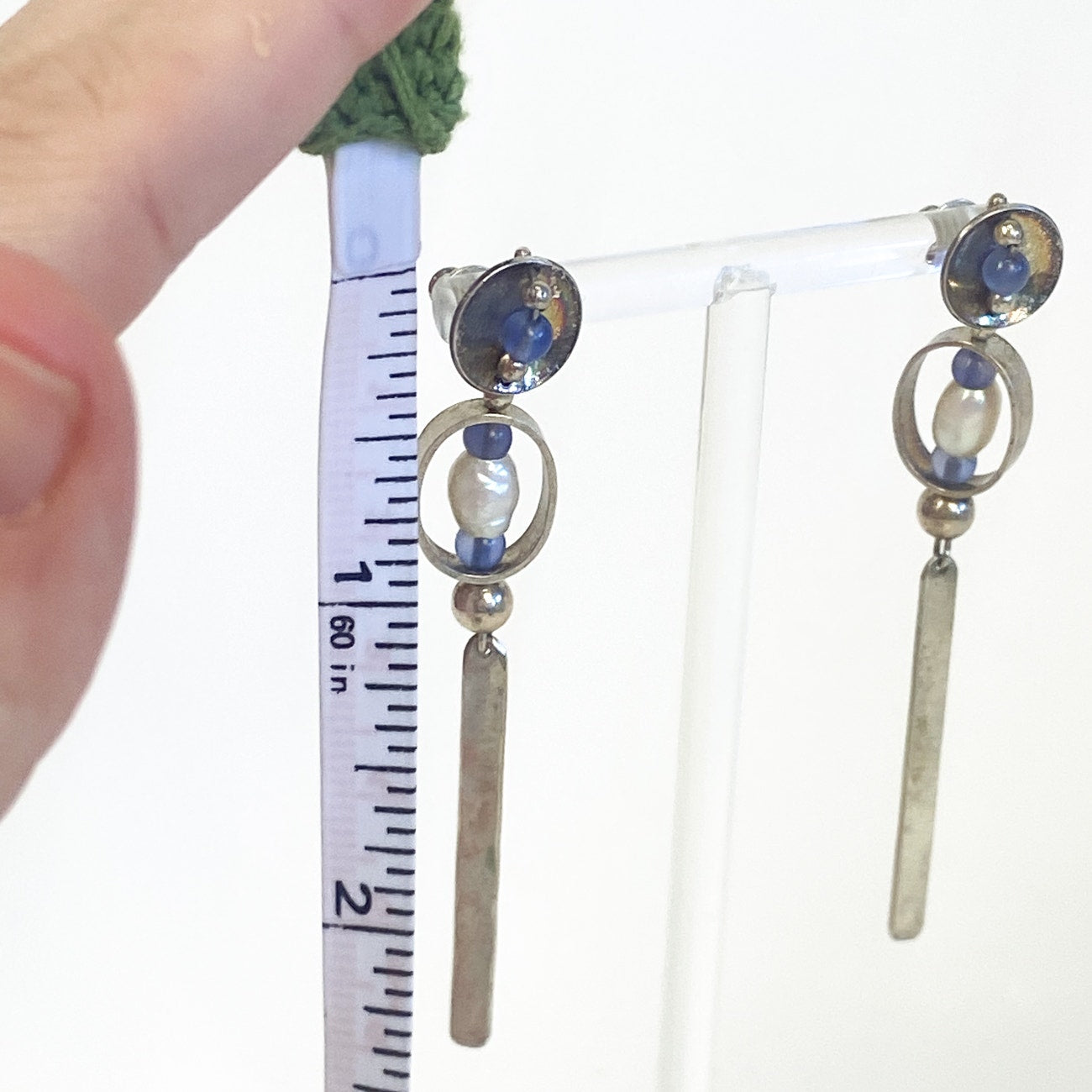 Silver Long Dangly Earrings Sterling Silver with Blue and Pearl Beads 2.5 Inches