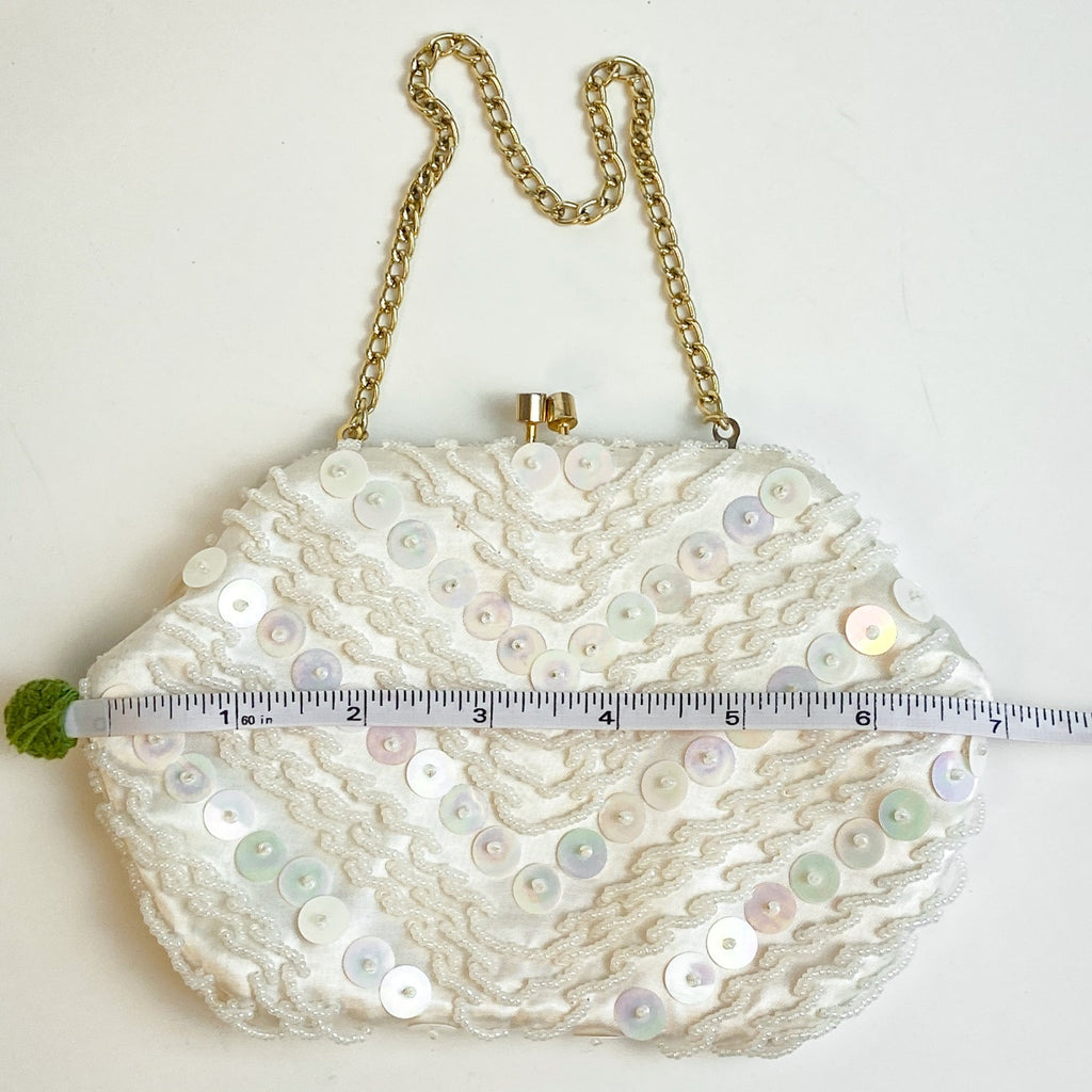 Satin Beaded Evening Bag Hand Made in Hong Kong Cream Gold Tone White Clutch