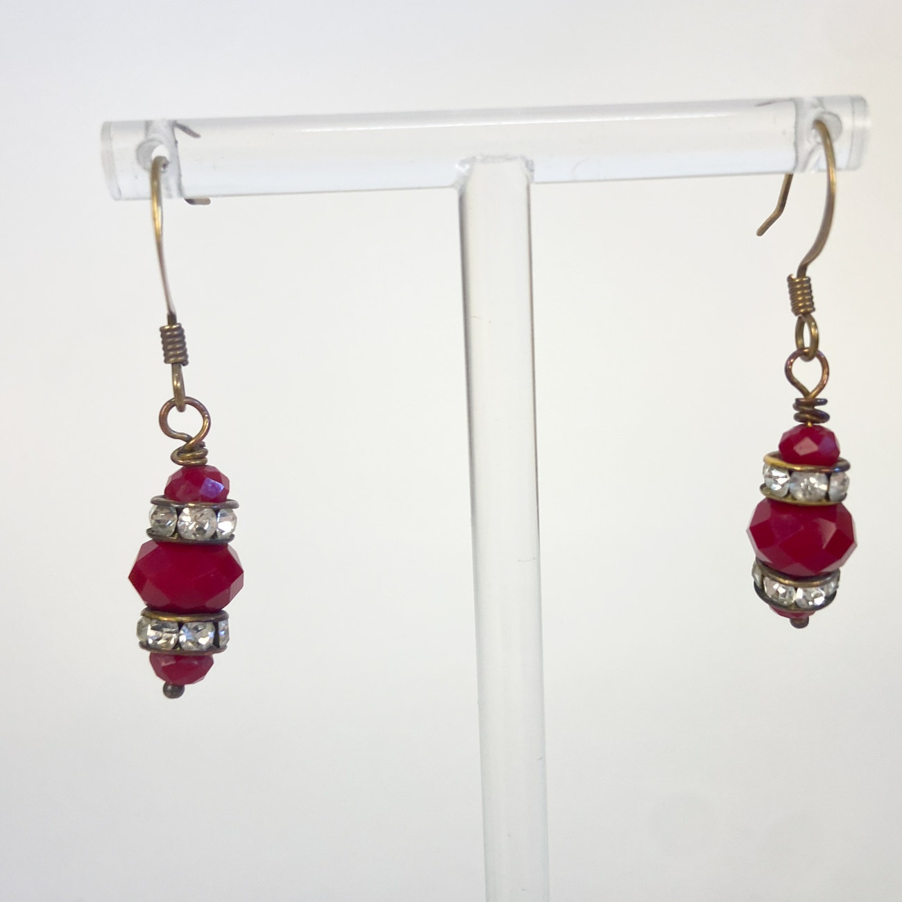 Red Earrings Dangly Red Bead and Rhinestone Gold Tone