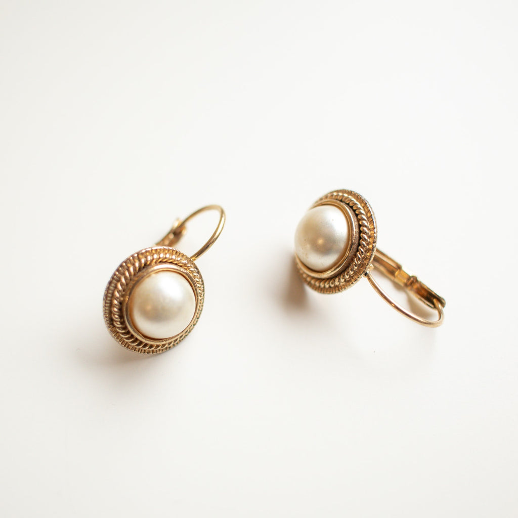 Gold Tone Leverback Pearl Style Earrings