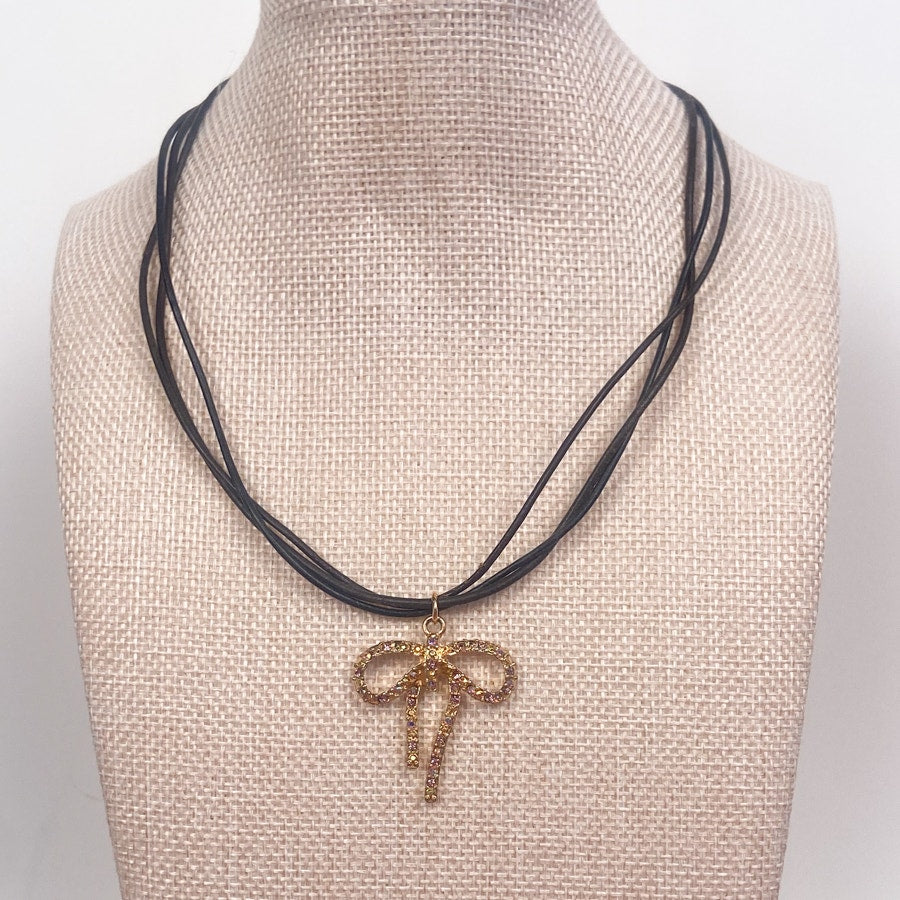 Gold with Pink Rhinestones Bow Necklace