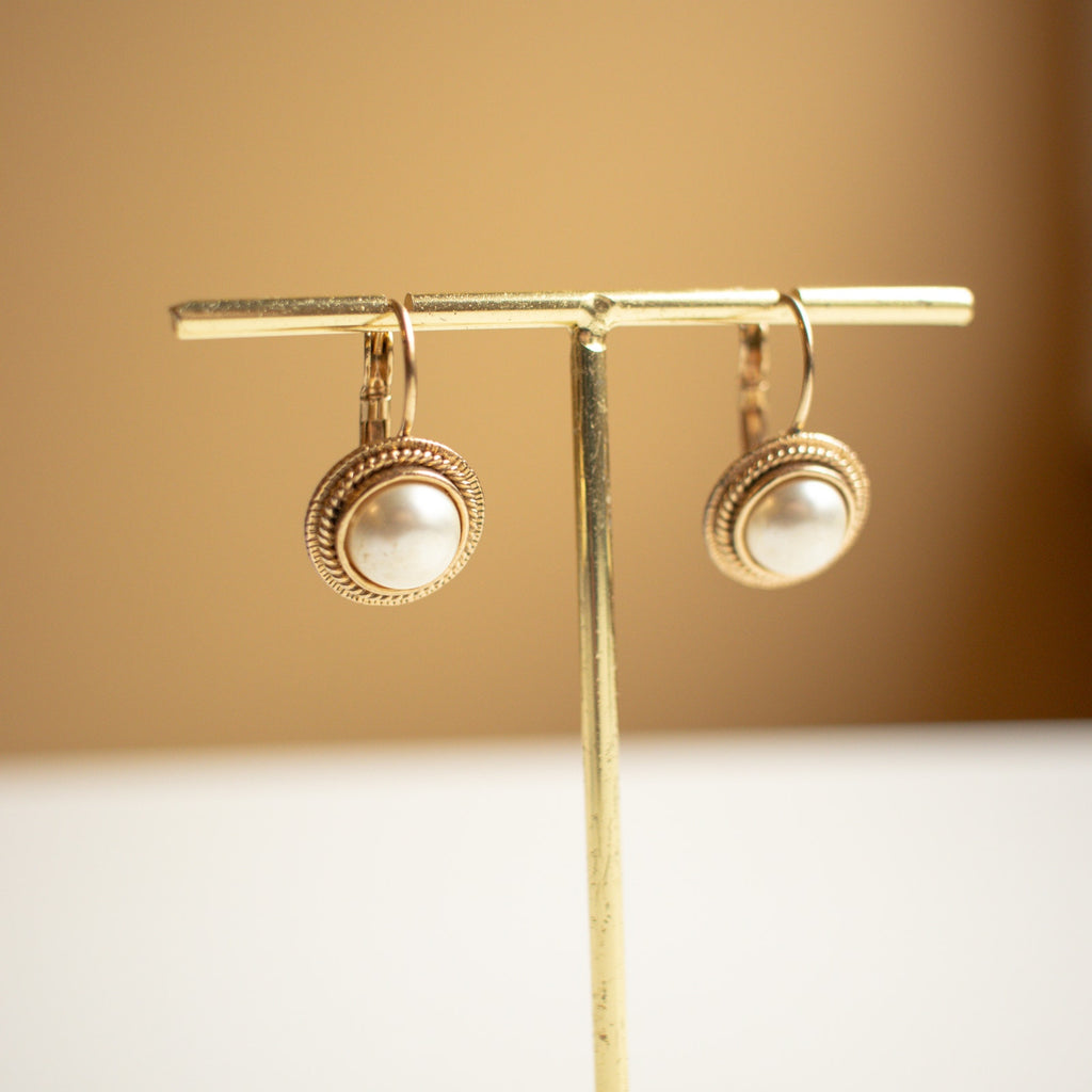 Gold Tone Leverback Pearl Style Earrings