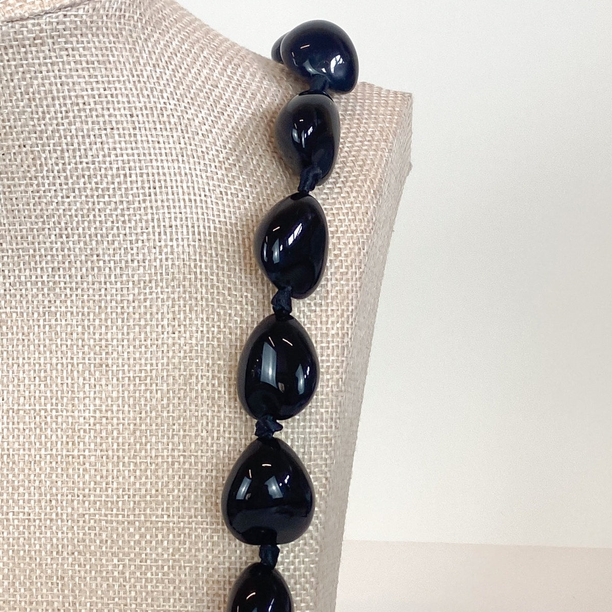 Hand Knotted Black Ribbon Tie Beaded Necklace