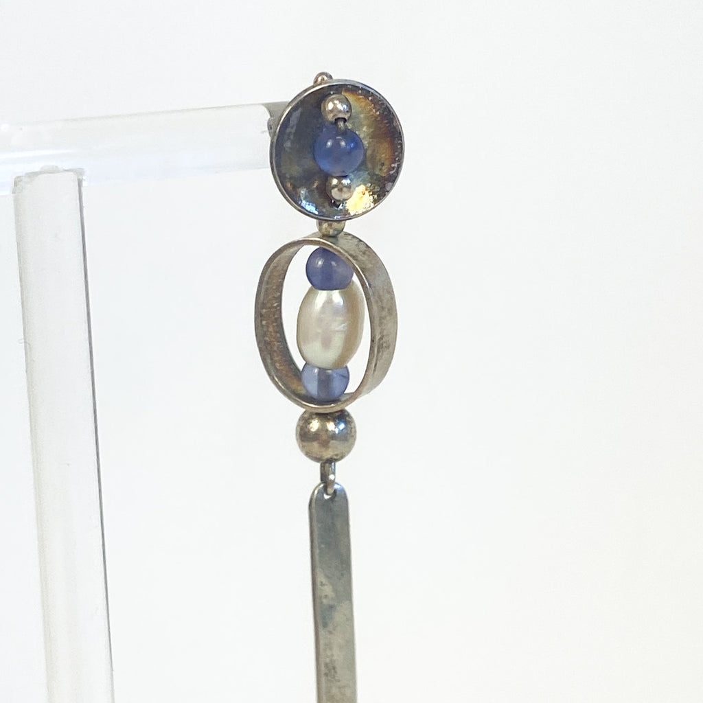Silver Long Dangly Earrings Sterling Silver with Blue and Pearl Beads 2.5 Inches