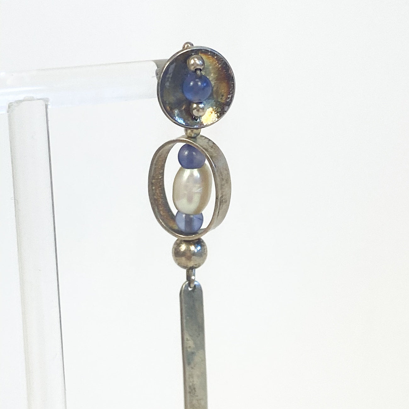 Silver Long Dangly Earrings Sterling Silver with Blue and Pearl Beads 2.5 Inches