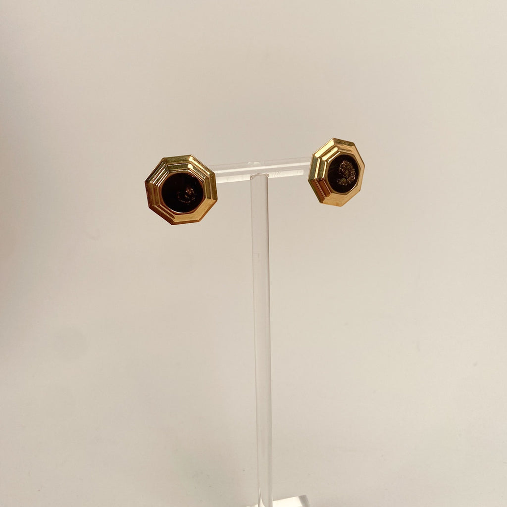 Gold Tone and Black Enamel Stud Earrings Retro