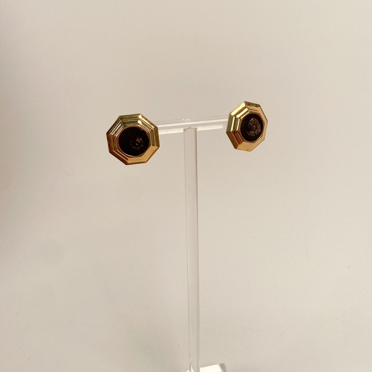 Gold Tone and Black Enamel Stud Earrings Retro