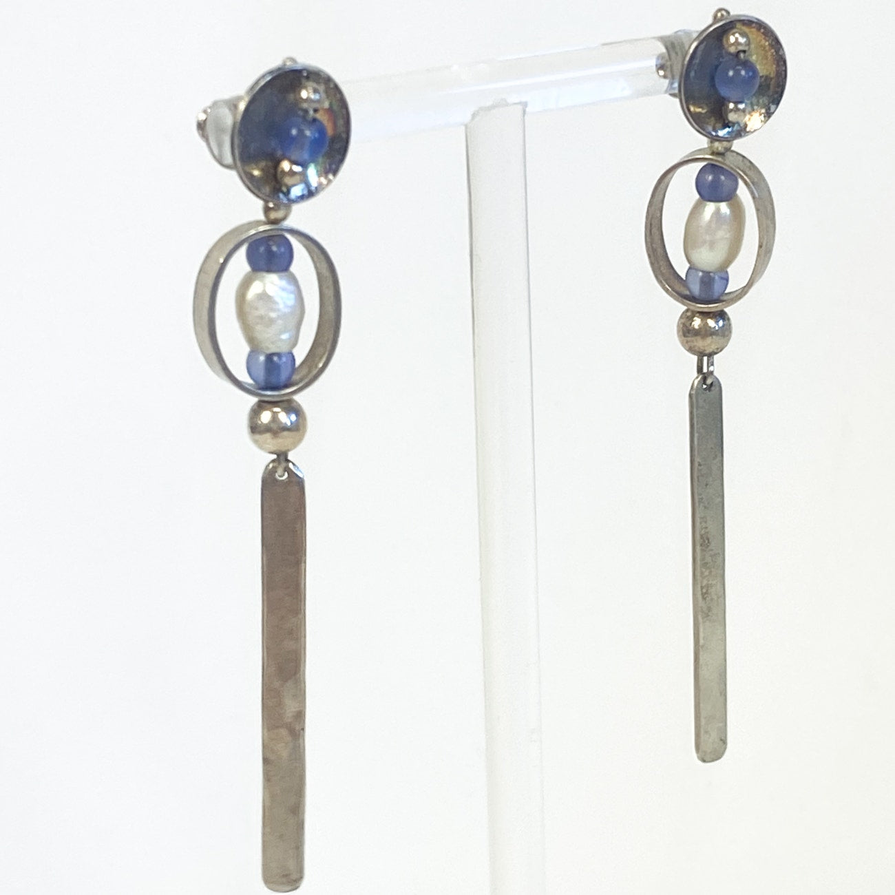 Silver Long Dangly Earrings Sterling Silver with Blue and Pearl Beads 2.5 Inches