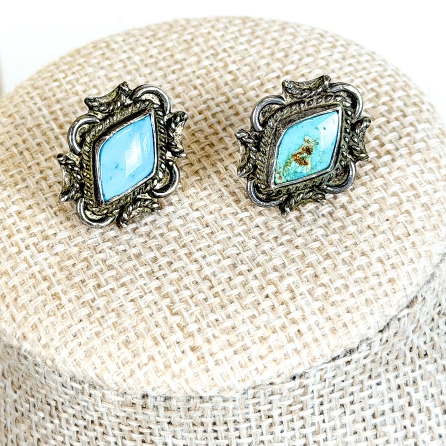 Sterling Silver and Tuqruoise Ornate Stud Earrings Screw Back