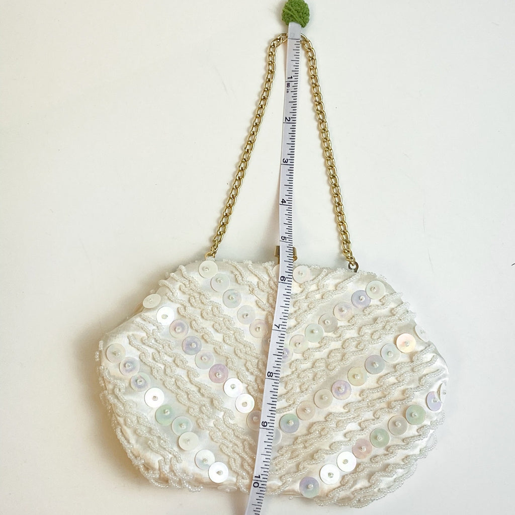 Satin Beaded Evening Bag Hand Made in Hong Kong Cream Gold Tone White Clutch