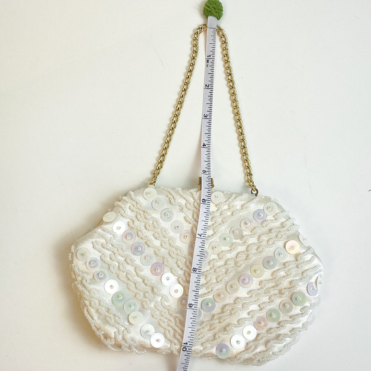 Satin Beaded Evening Bag Hand Made in Hong Kong Cream Gold Tone White Clutch