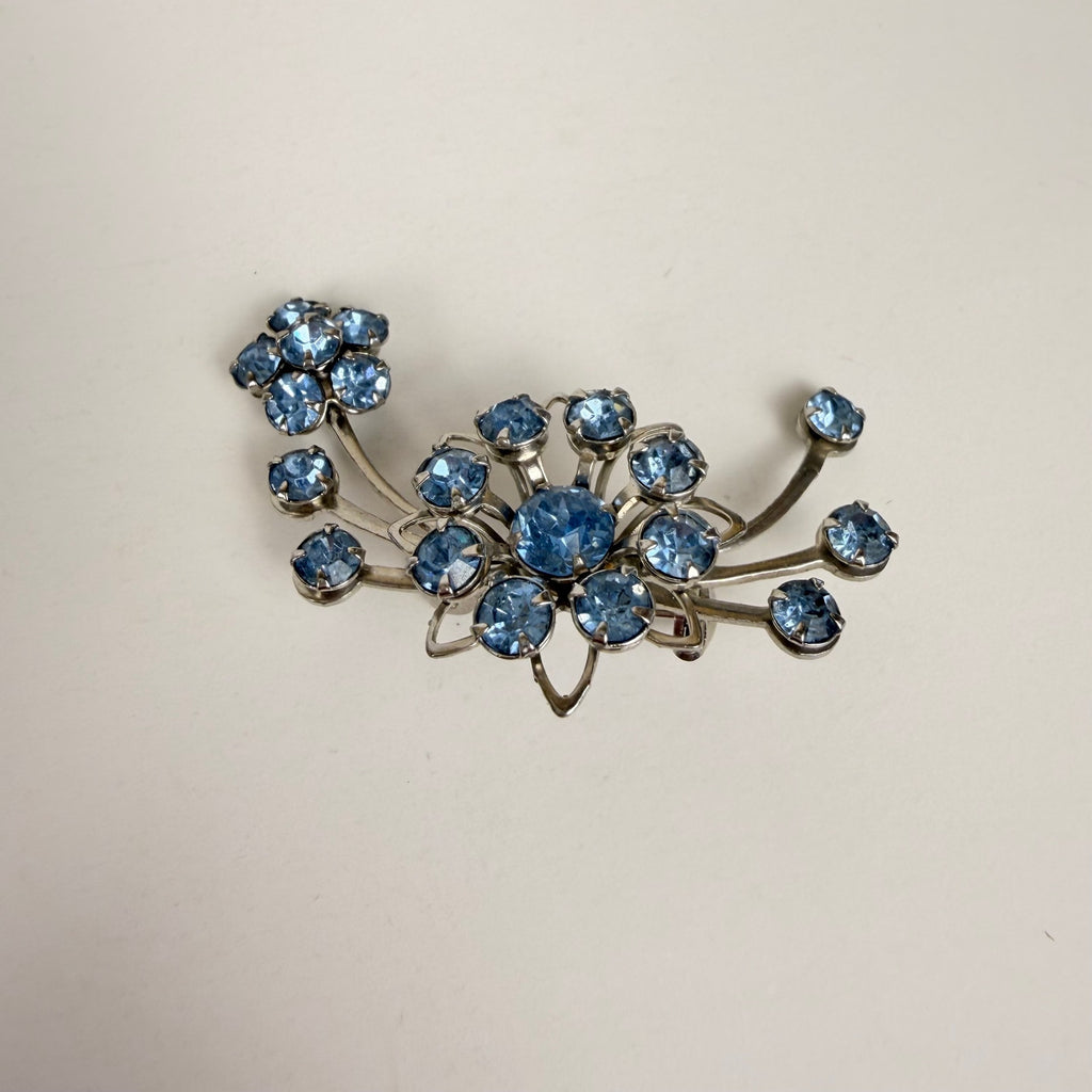 Silvery Floral Brooch with Blue Rhinestones