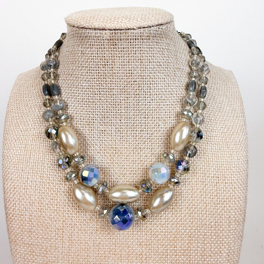 Mid-Century Beaded Choker Necklace Double Strand Faux Pearl Beads 1950s/1960s Made in Germany