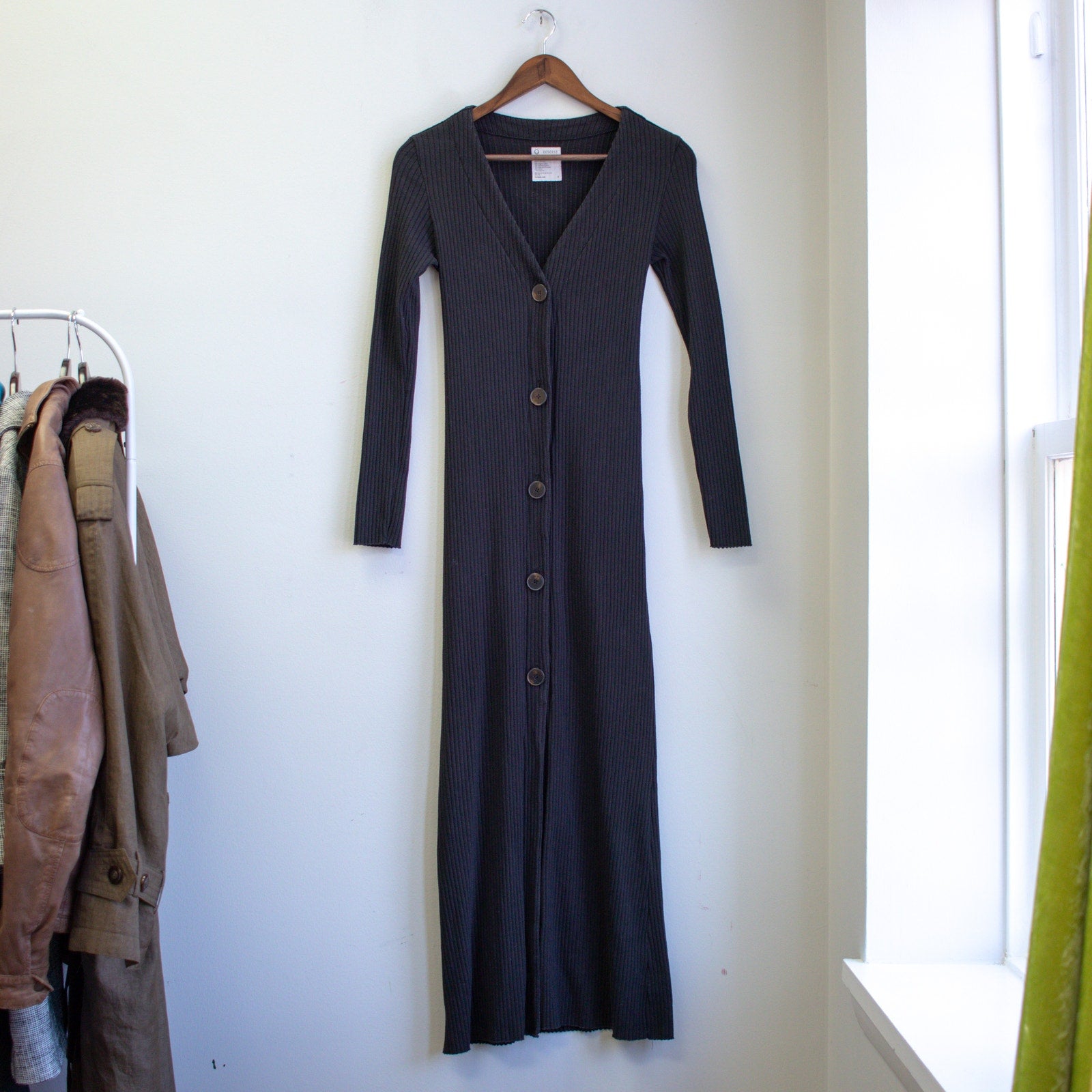 black ribbed button dress Meli Women's Button Down Ribbed Maxi Dress Long Sleeve Knit Gown - Size M