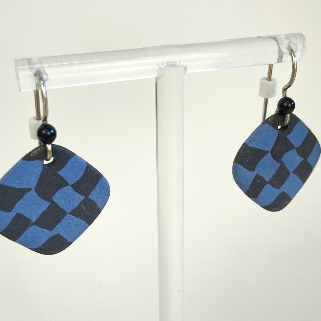 Checkered Blue Black Clay Dangle Earrings Grunge Whimsigoth