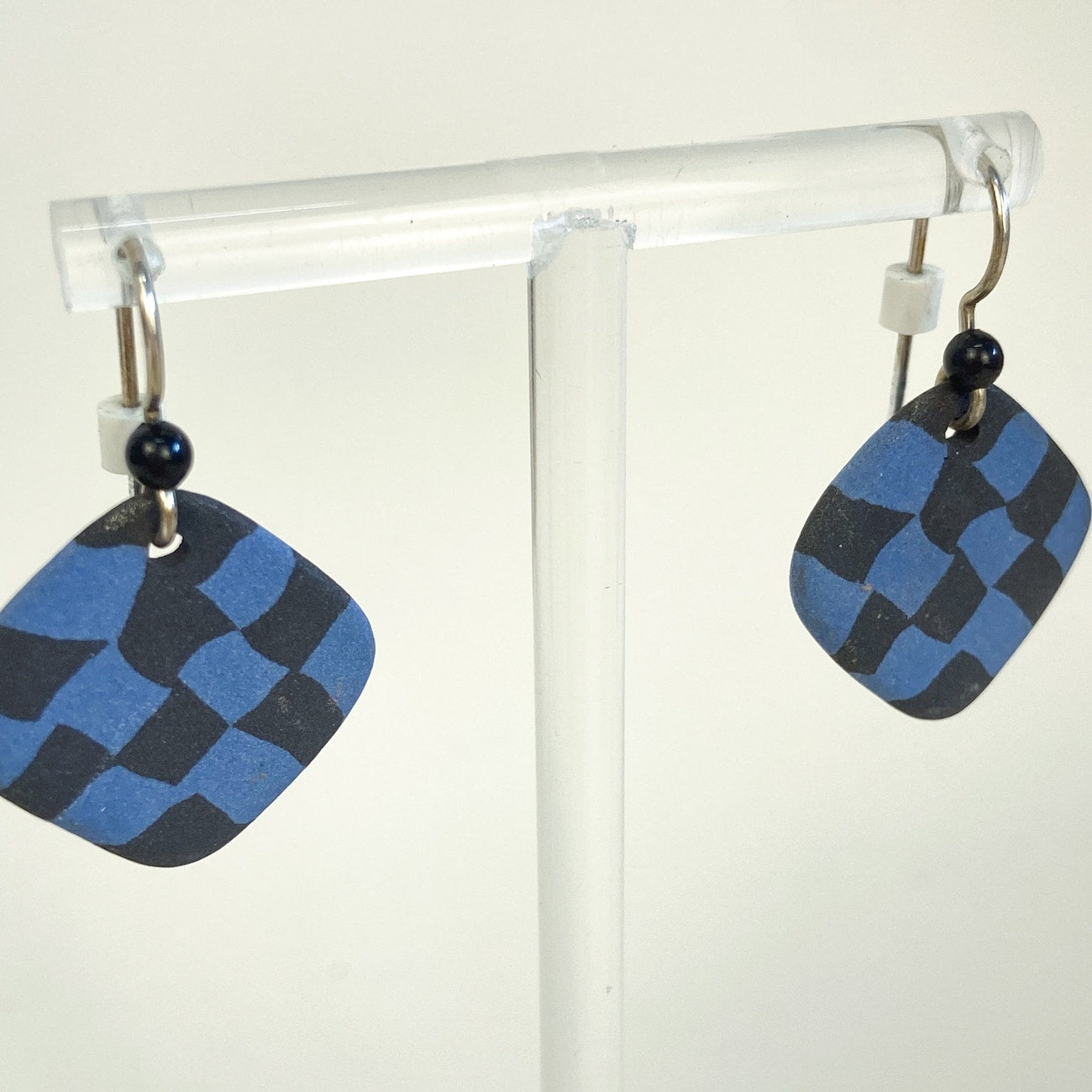 Checkered Blue Black Clay Dangle Earrings Grunge Whimsigoth
