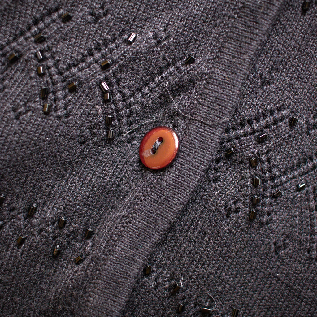 Black Beaded V-Neck Cotton-blend Cardigan Size Small