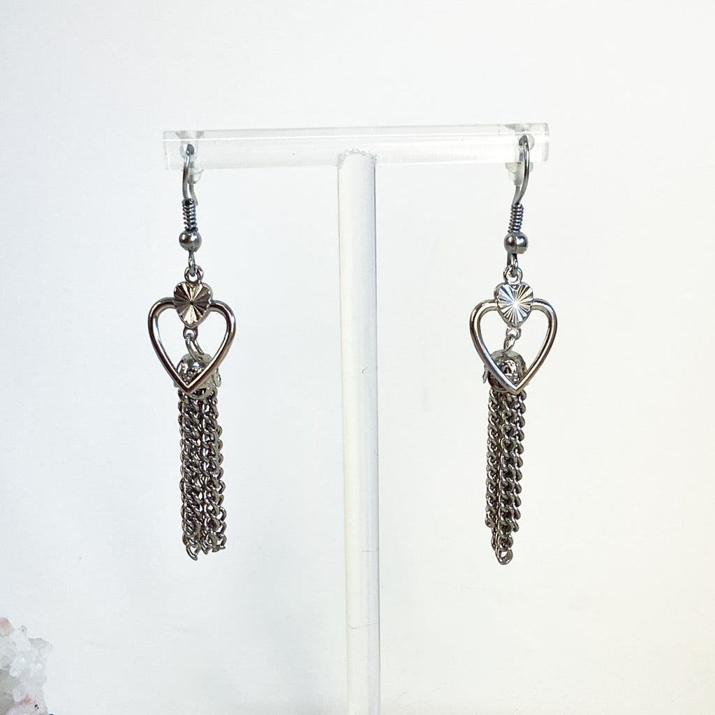 Silver Earrings | Dangly Silver Tassel Heart Earrings