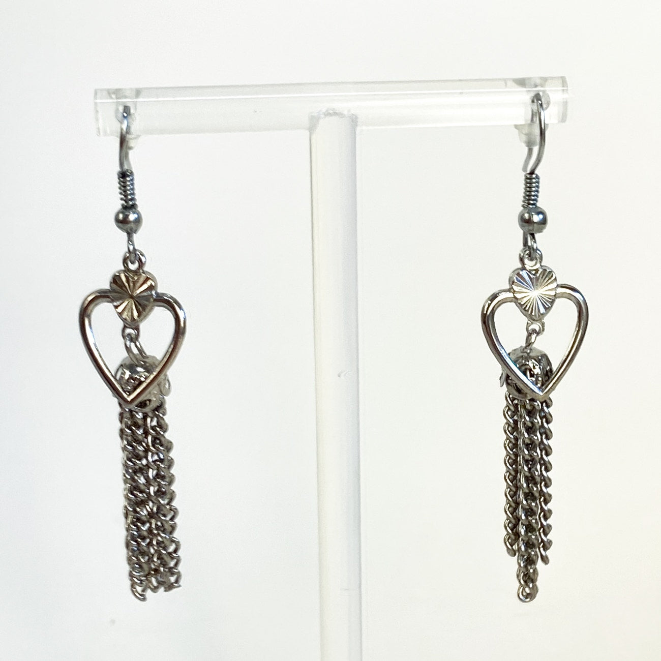 Silver Earrings | Dangly Silver Tassel Heart Earrings