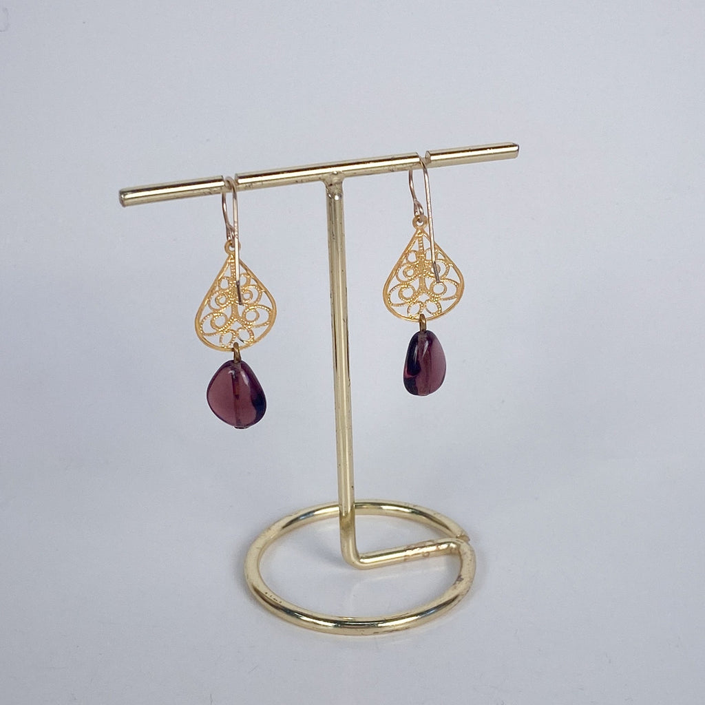 Gold Tone and Purple Bead Drop Earrings