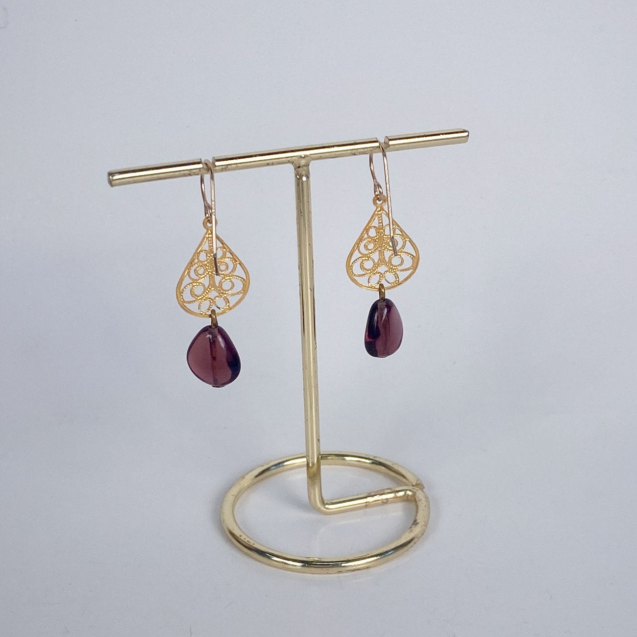 Gold Tone and Purple Bead Drop Earrings