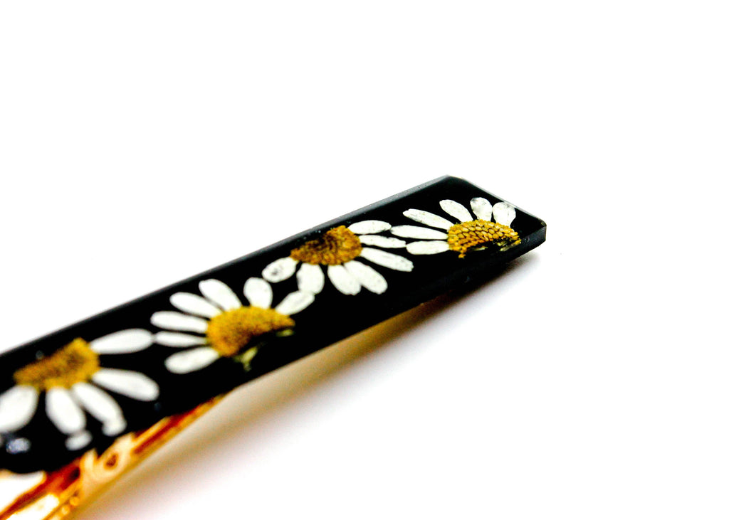 Black daisy pressed chamomile flower bar hair clip