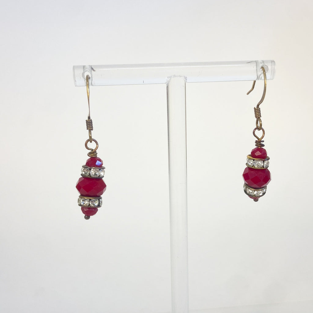 Red Earrings Dangly Red Bead and Rhinestone Gold Tone