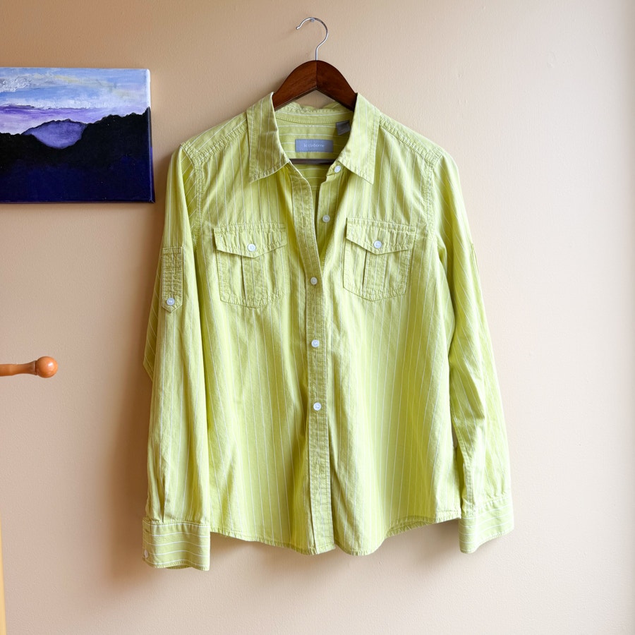 Liz Claiborne Striped Green Button-Up Chartreuse Button Down