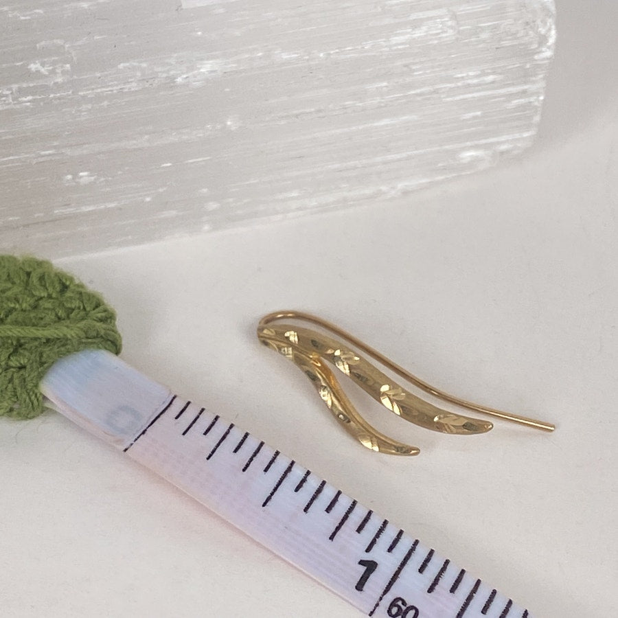 Signed 14k Yellow Gold Double Diamond Cut Design Wave Drop Earrings