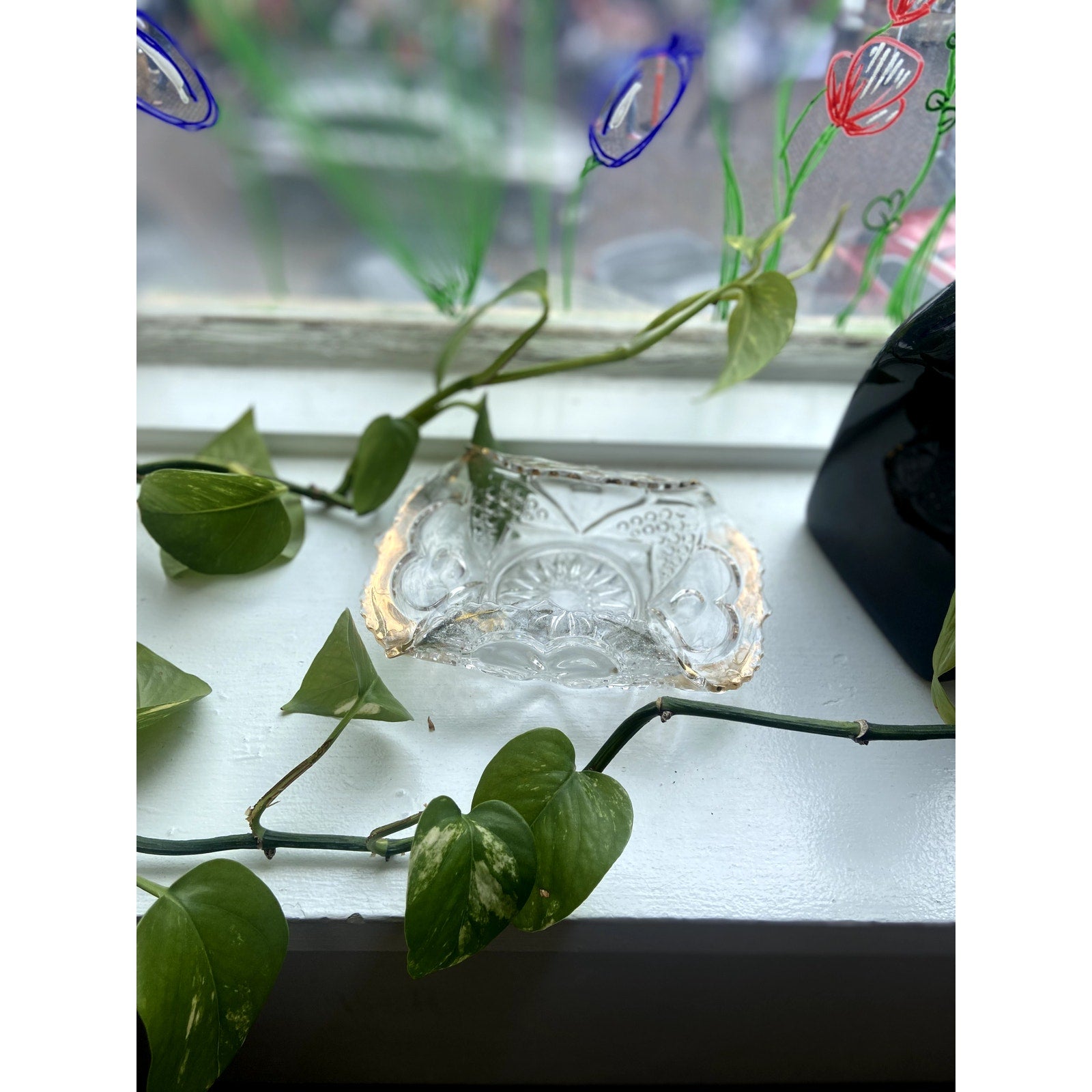Antique Glass Jewelry Dish with Gold Trim, Pinched edges, Business Card Holder