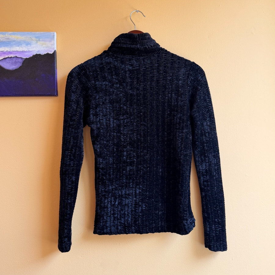 Black Fuzzy Ribbed Turtleneck Sweater Crushed Velvet Size Small