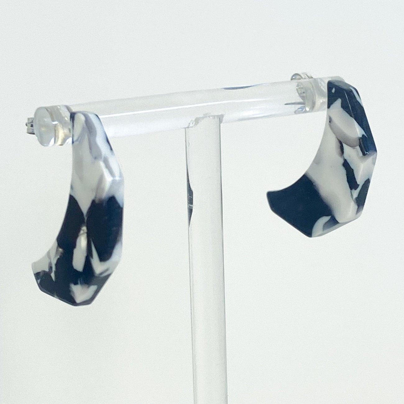 Vintage Acetate 80s Earrings Push Back Black and White Cow Print